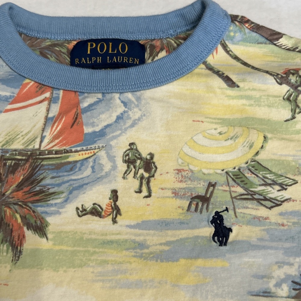Boys Polo Ralph Lauren Tropical Beach Print Short Sleeve T Shirt Sz 7 Clean